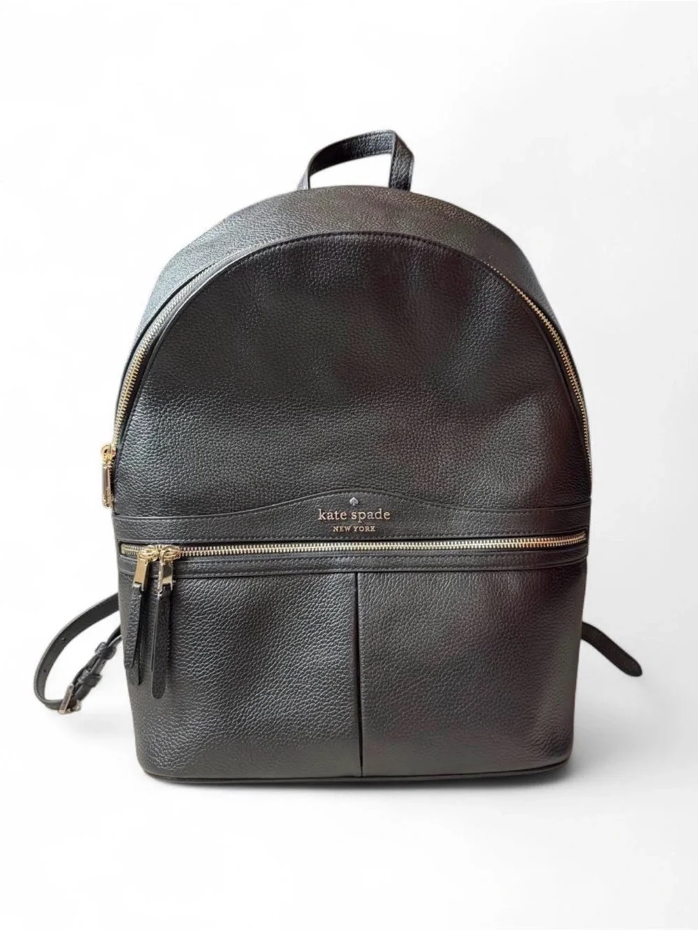 Kate Spade New York Black Pebbled Leather Laptop Backpack Gold Zip Large